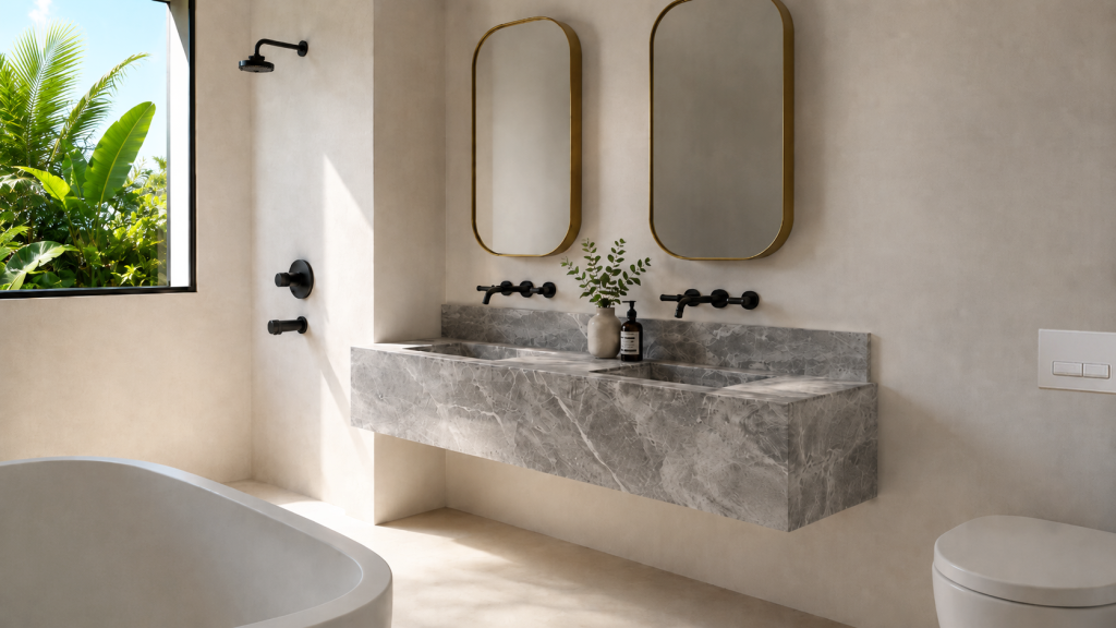 Baño en suite con lavabo doble suspendido de mármol gris, espejos dorados, grifería negra y bañera exenta.