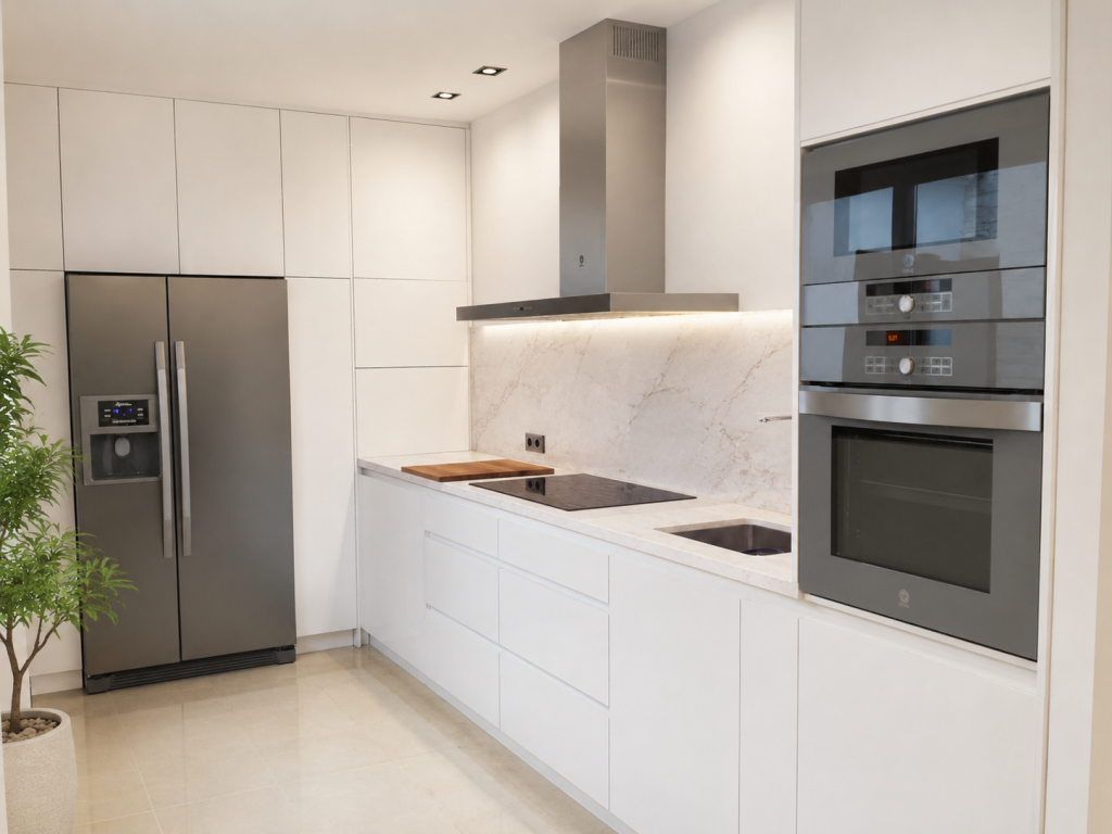 Cocina blanca de líneas rectas con encimera beige, frigorífico de doble puerta, campana de acero y electrodomésticos integrados