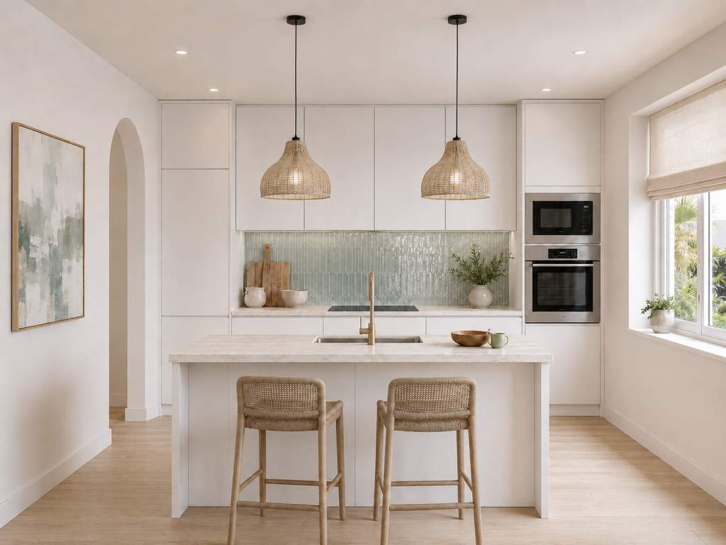Cocina abierta blanca con isla central, taburetes de fibras naturales y lámparas colgantes de inspiración costera