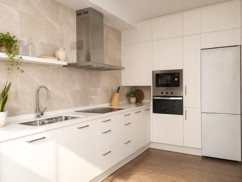 Cocina moderna de una casa de pueblo con mobiliario blanco, encimera clara, frente de piedra beige y electrodomésticos integrados.