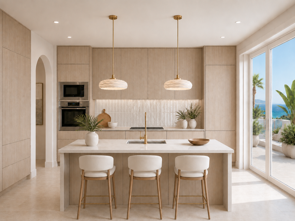 Cocina abierta de madera clara con isla central, encimera beige, tres taburetes, azulejos tipo zellige y luminarias suspendidas