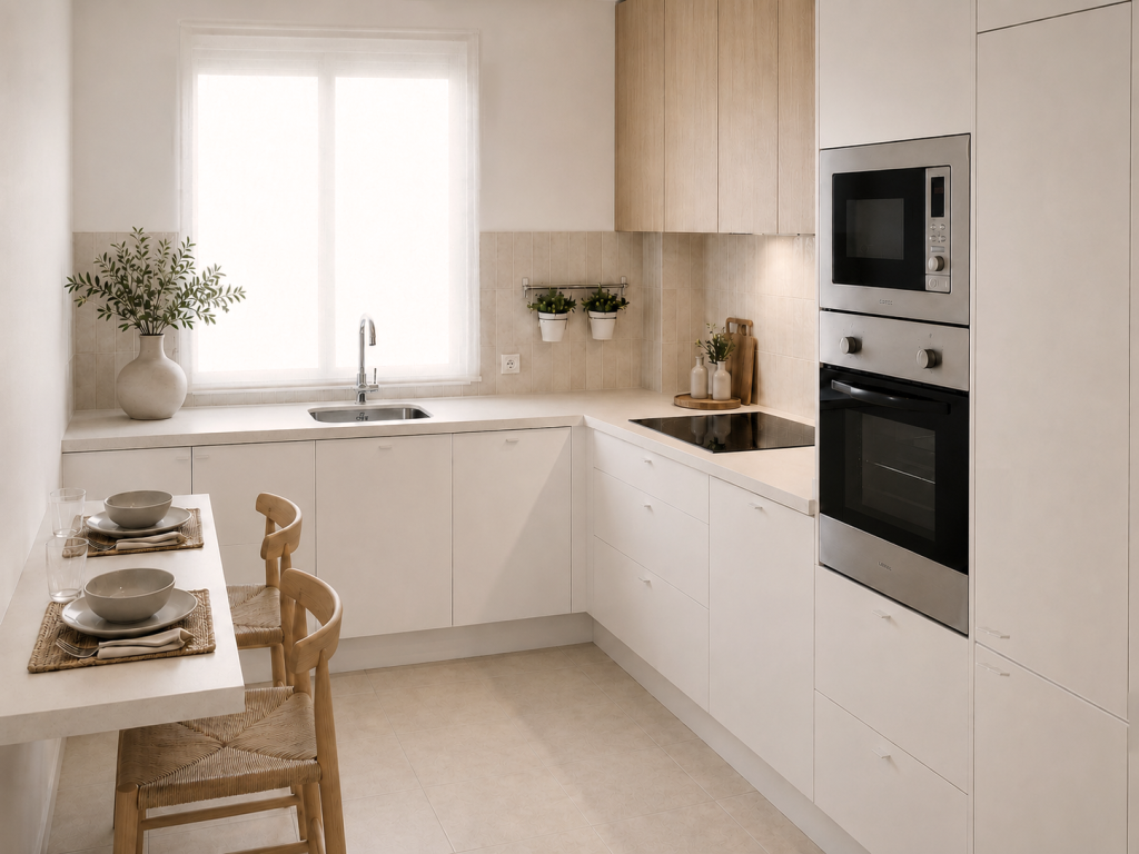 Cocina blanca en forma de L con barra de desayuno, taburetes de madera y columna de horno y microondas
