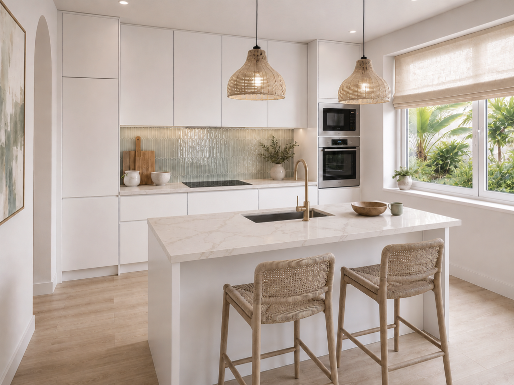 Cocina luminosa abierta al salón con gran ventana, mobiliario blanco, isla clara y detalles en madera y fibras trenzadas