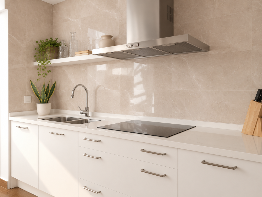 Zona de trabajo con muebles blancos, fregadero de acero, placa de cocción, campana metálica y balda decorativa