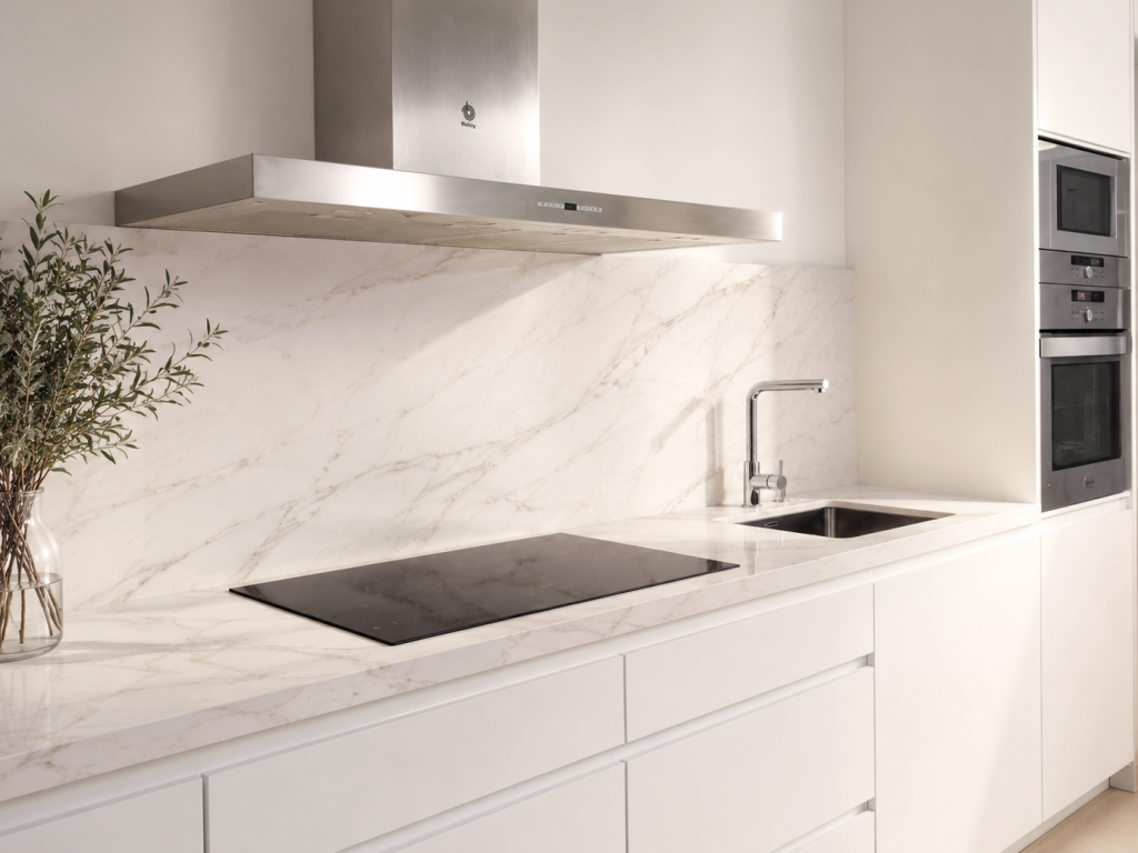 Cocina contemporánea con muebles blancos, encimera y frente marmóreos beige, placa negra, fregadero y campana de acero