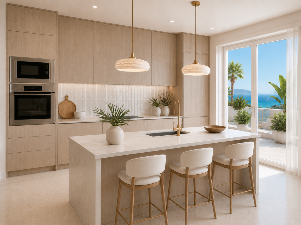 Cocina de madera clara con muebles altos, electrodomésticos integrados, isla con fregadero y acceso directo a una terraza luminosa realizada por el estudio de Diseño de Interiores María Vélez