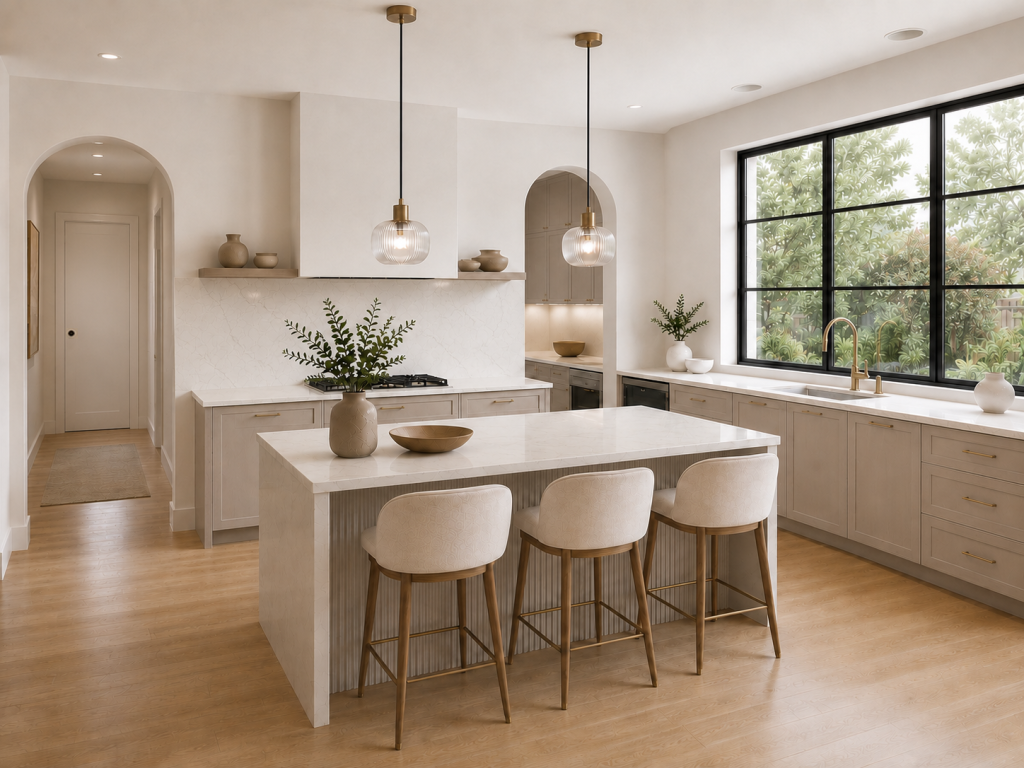 Cocina mediterránea con isla central, tres taburetes y gran ventanal negro sobre la encimera con vistas al jardín
