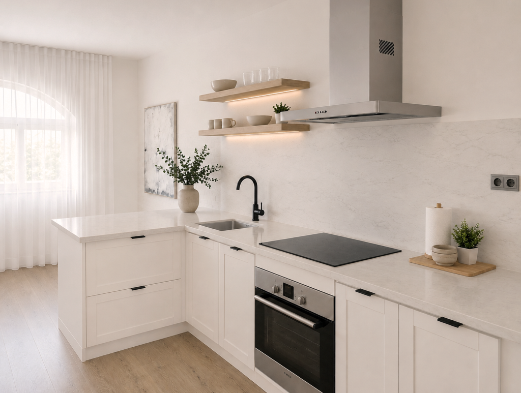 Cocina blanca con pequeña península, encimera clara, grifería negra y baldas de madera con iluminación integrada