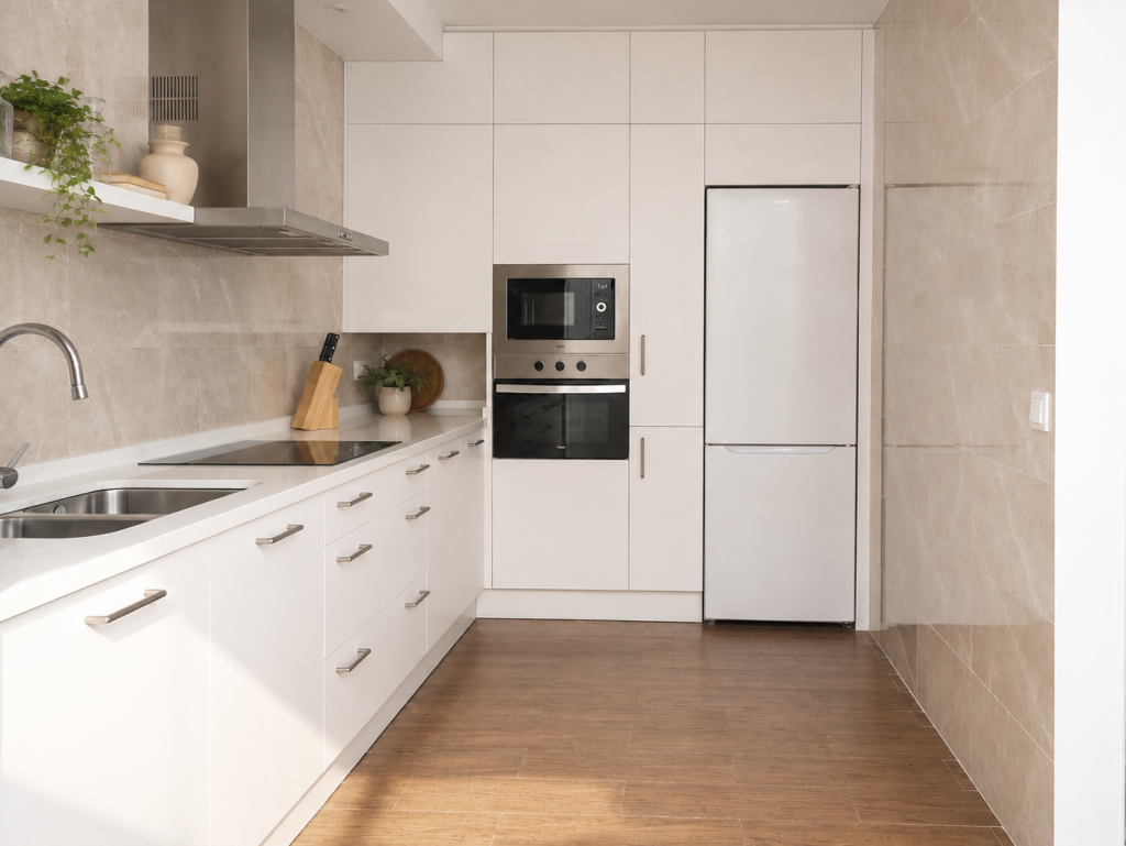 Pared de muebles de cocina hasta el techo con frigorífico, horno, microondas y módulos de almacenaje integrados