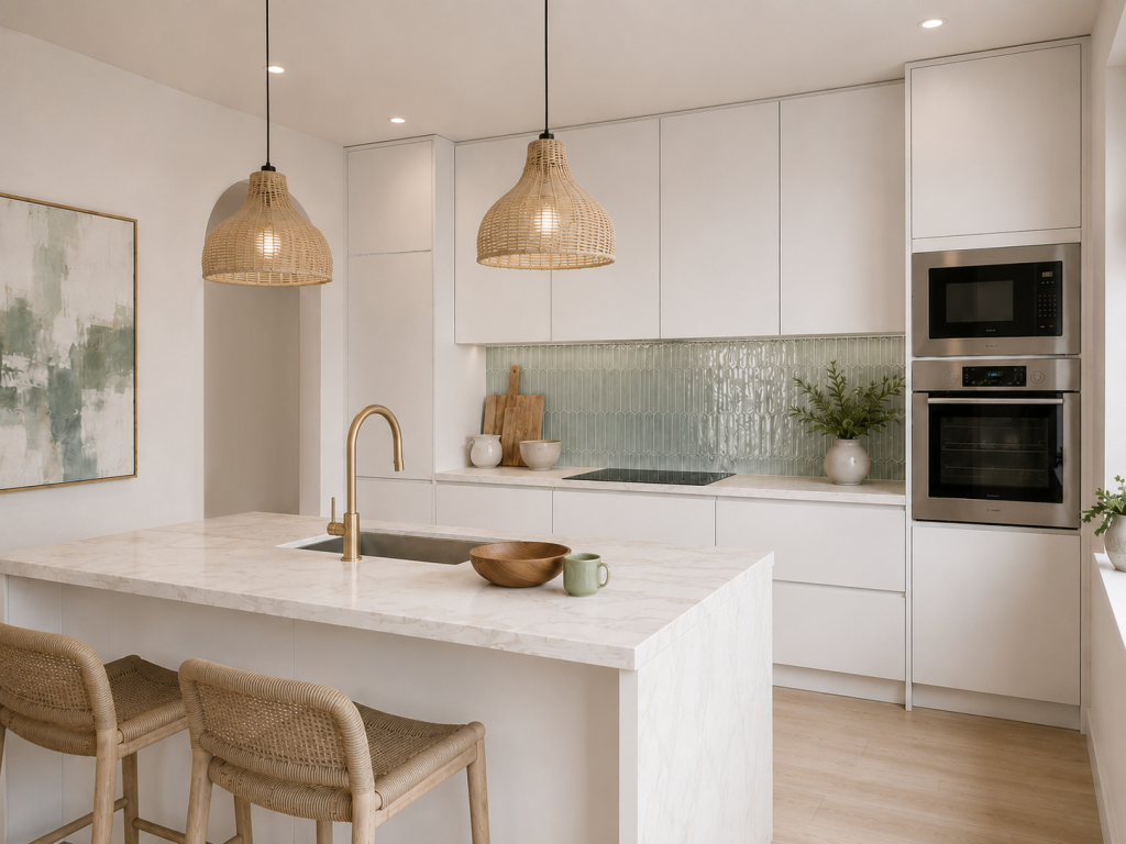 Cocina blanca con electrodomésticos integrados, revestimiento verdoso, isla con fregadero y lámparas de fibras naturales