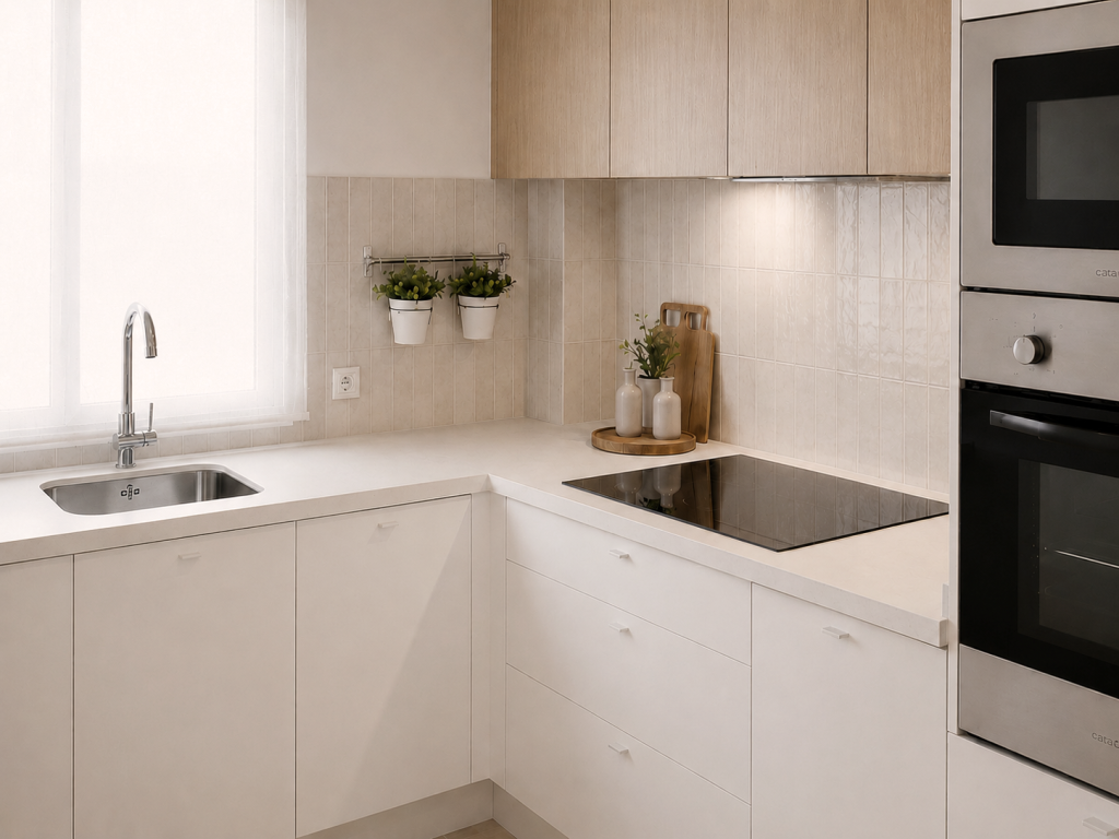 Encimera blanca con fregadero, placa de cocción y frente de azulejos zellige beige bajo armarios de madera clara