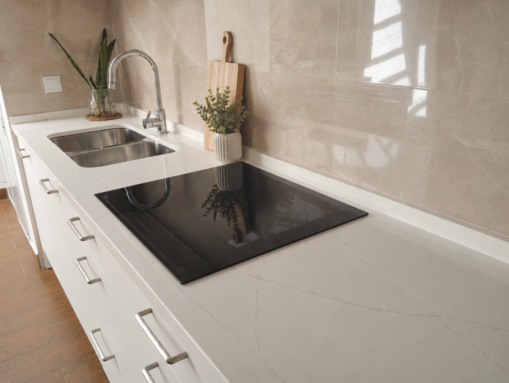 Encimera Neolith inspirada en mármol Calacatta con placa negra, fregadero doble y grifería de acero inoxidable