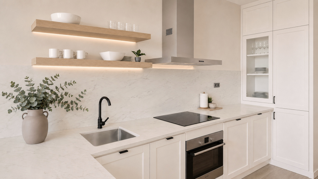 Cocina contemporánea blanca con frente de efecto piedra, baldas de madera, fregadero de acero y grifería negra