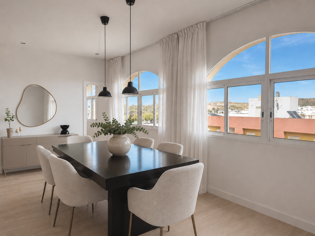 Comedor luminoso de un piso en la ciudad con mesa negra, seis sillas tapizadas y grandes ventanales arqueados.