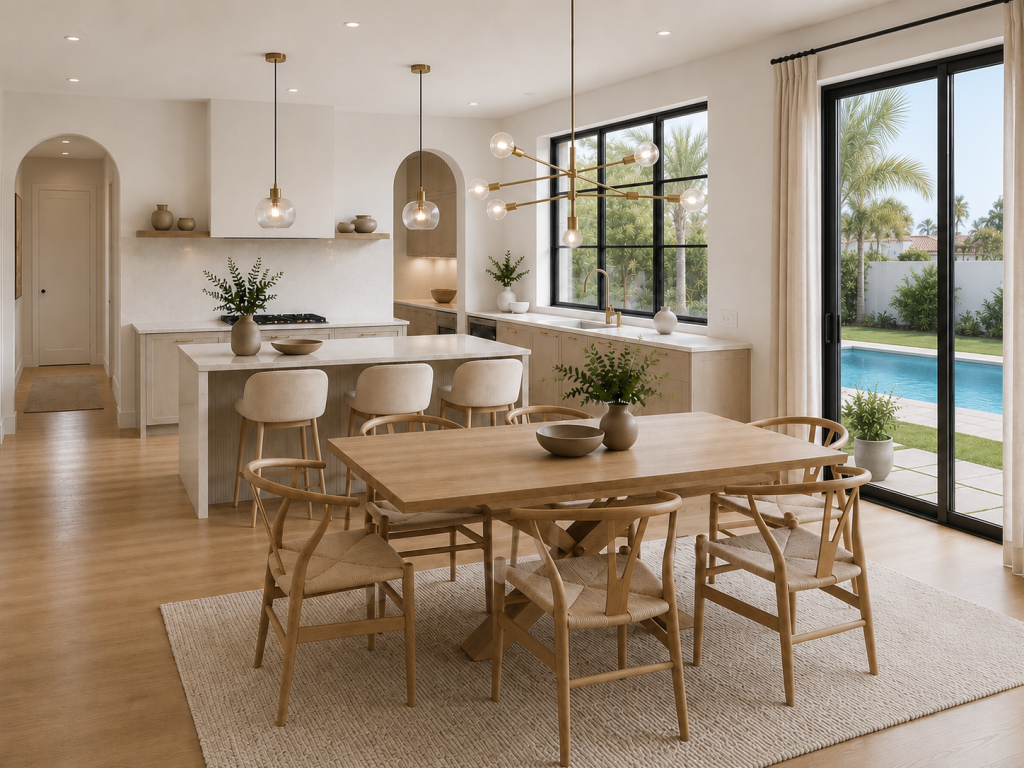 Comedor con mesa rectangular y seis sillas de madera, abierto a la cocina y a la piscina mediante puertas acristaladas