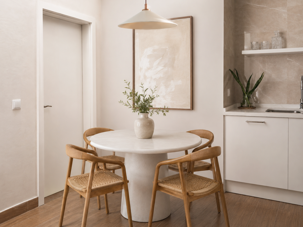 Comedor pequeño con mesa redonda clara, cuatro sillas de madera, lámpara colgante y cuadro decorativo en tonos neutros