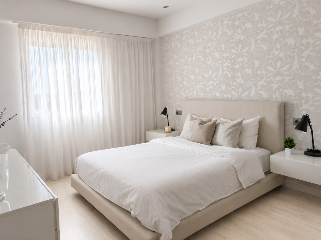 Dormitorio principal en tonos blancos y beige con cama tapizada, mesitas suspendidas y papel pintado floral en relieve