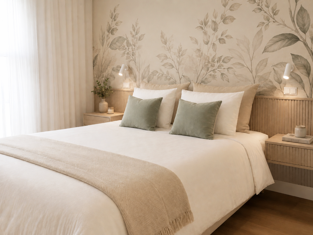 Dormitorio principal con cabecero de palillería, mural botánico, ropa de cama blanca y cojines verde salvia