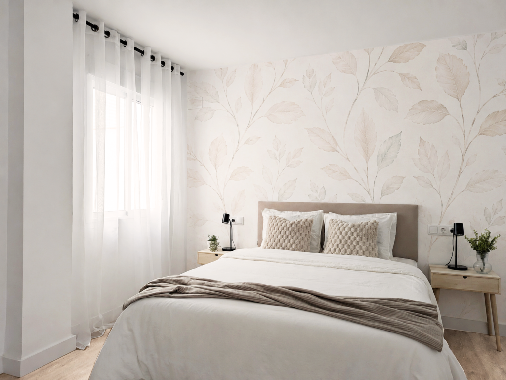 Dormitorio principal con papel pintado de hojas, cabecero beige, ropa de cama blanca y mesillas de madera clara