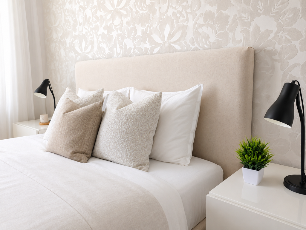 Detalle de cama con cabecero beige, cojines texturizados, papel pintado floral y lámparas de lectura negras