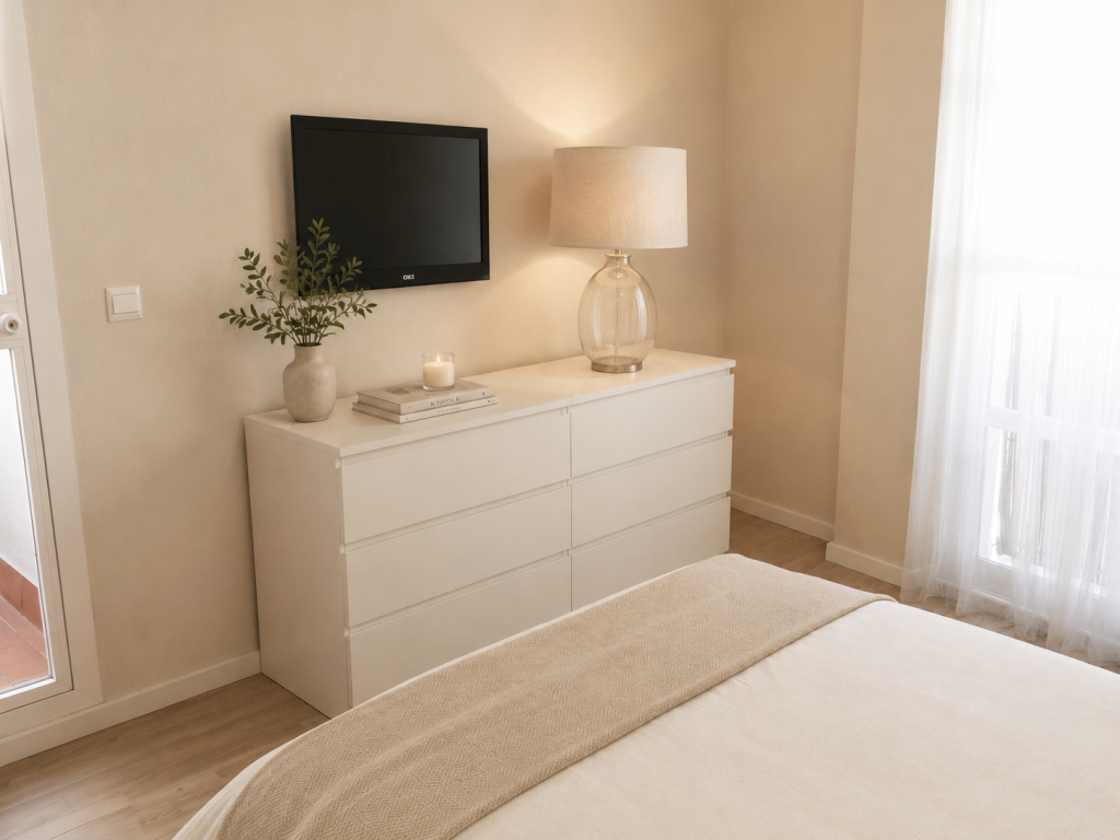 Cómoda blanca con lámpara de sobremesa, televisión mural y detalles vegetales frente a la cama del dormitorio