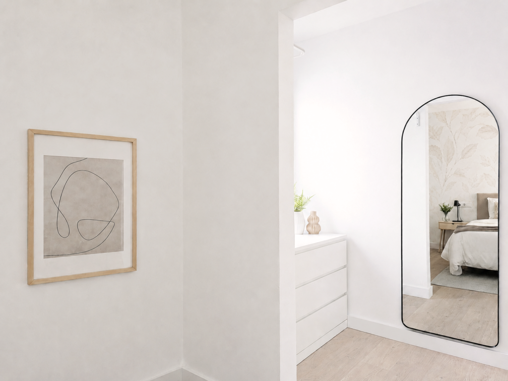 Vestidor abierto en blanco con cómoda integrada, espejo de cuerpo entero con perfil negro y acceso visual al dormitorio