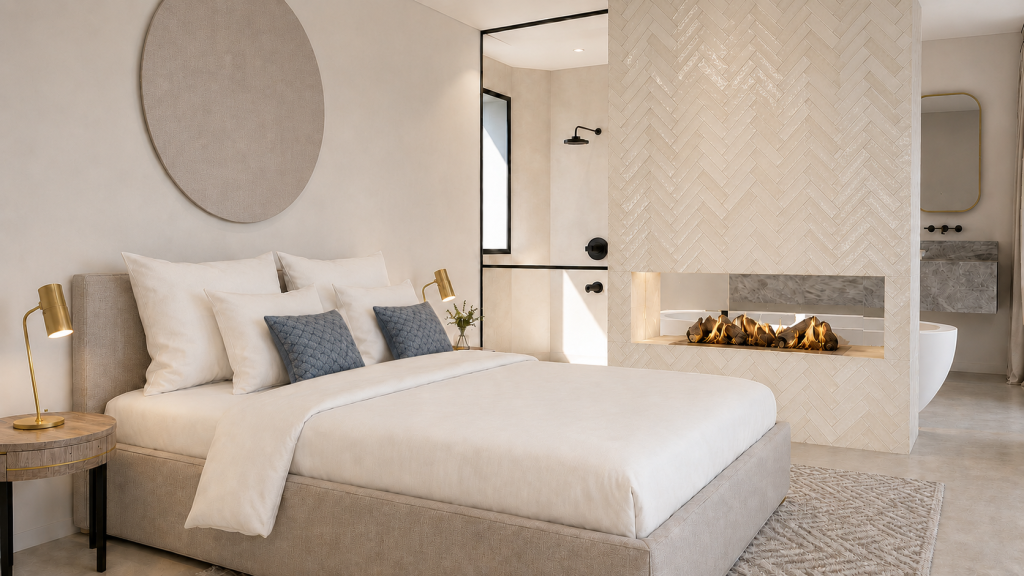 Dormitorio de invitados con chimenea de doble cara, cama tapizada y baño abierto separado mediante vidrio negro.