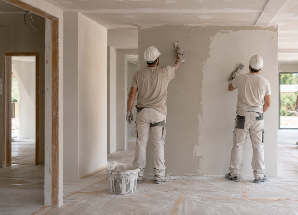 Plasterers working inside a new-build home in Málaga, seen from behind.