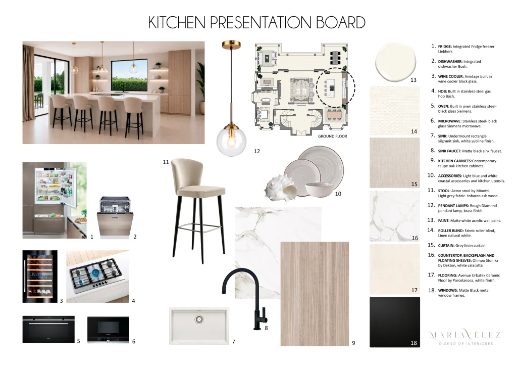 Moodboard de interiorismo de cocina contemporánea con paleta neutra, mobiliario de roble, superficies de mármol e iluminación colgante de latón