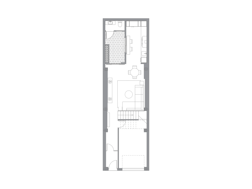 Plano de distribución de vivienda con salón, comedor, cocina, baño y propuesta de mobiliario