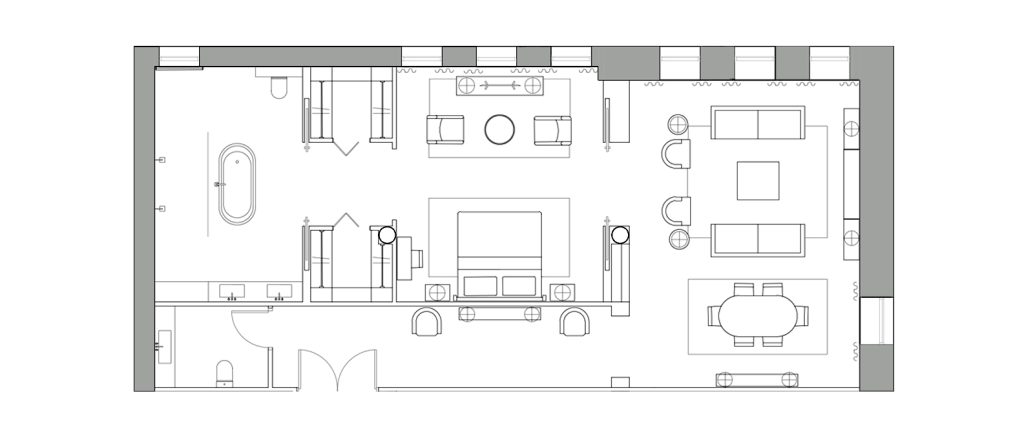 Floor plan for an interior decoration project featuring a bedroom, bathroom, living room and dining area