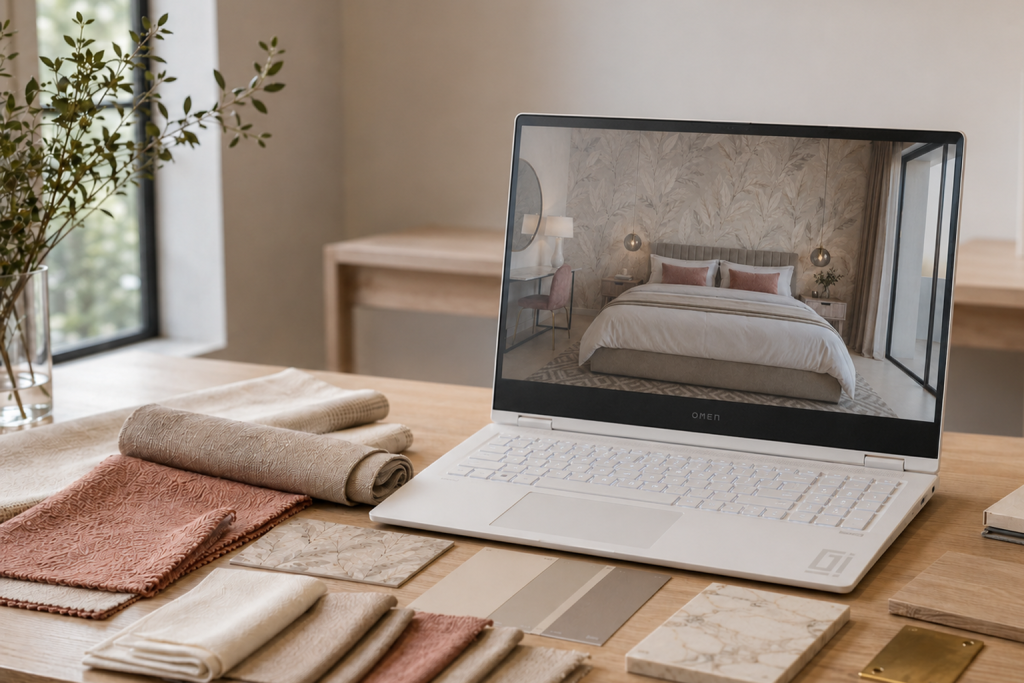Laptop with a 3D design and material samples for a turnkey interior design project