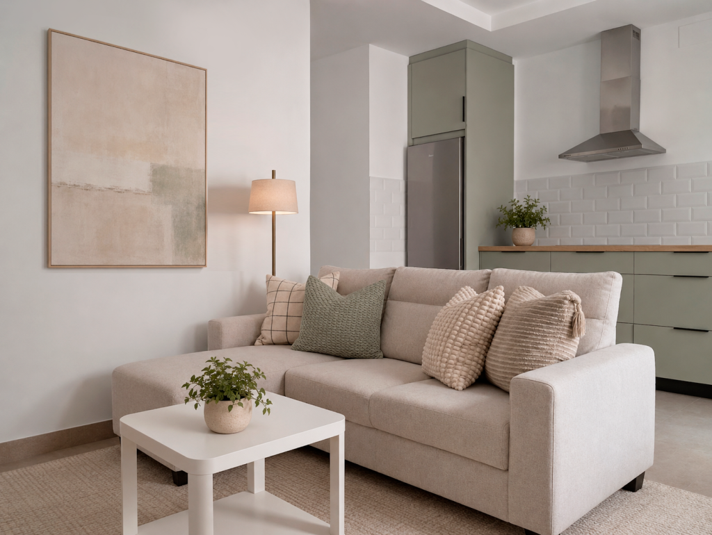 Salón acogedor con sofá en tonos neutros y cocina abierta en verde grisáceo