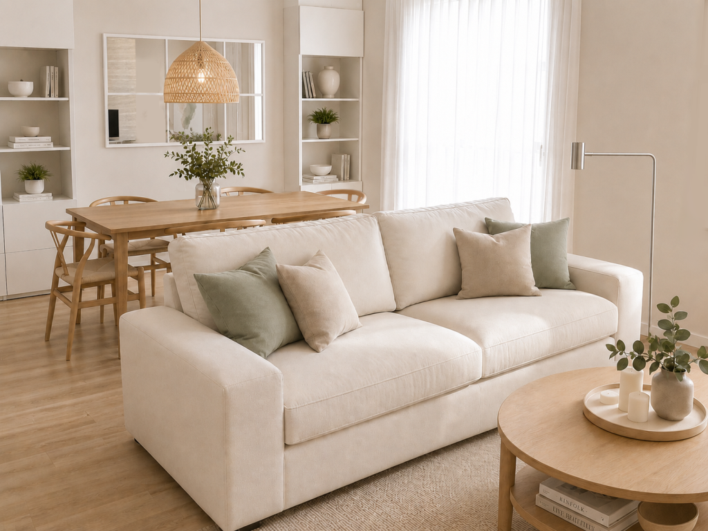 Salón luminoso con sofá blanco central, cojines verde salvia y comedor de madera situado detrás