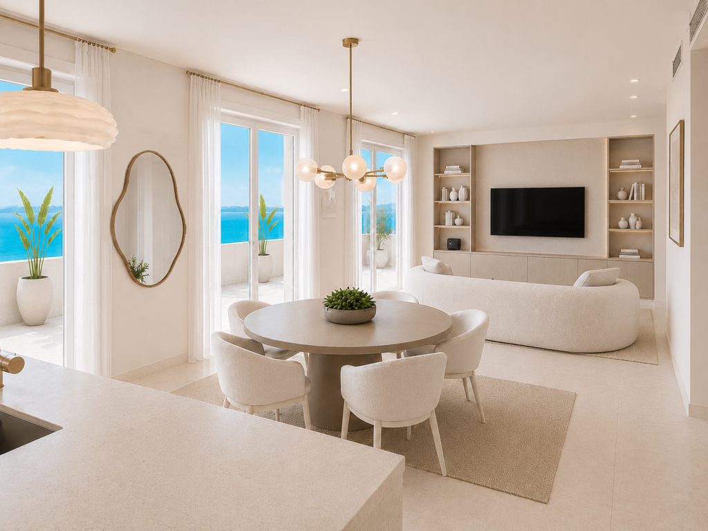 Vista general de cocina, comedor y salón de concepto abierto con mobiliario curvo, tonos claros, iluminación de latón y terrazas al mar