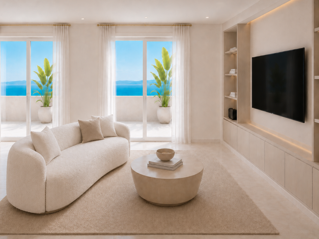 Salón en tonos beige con sofá curvo, mesa de centro redonda, alfombra texturizada, mueble de televisión a medida y vistas al mar