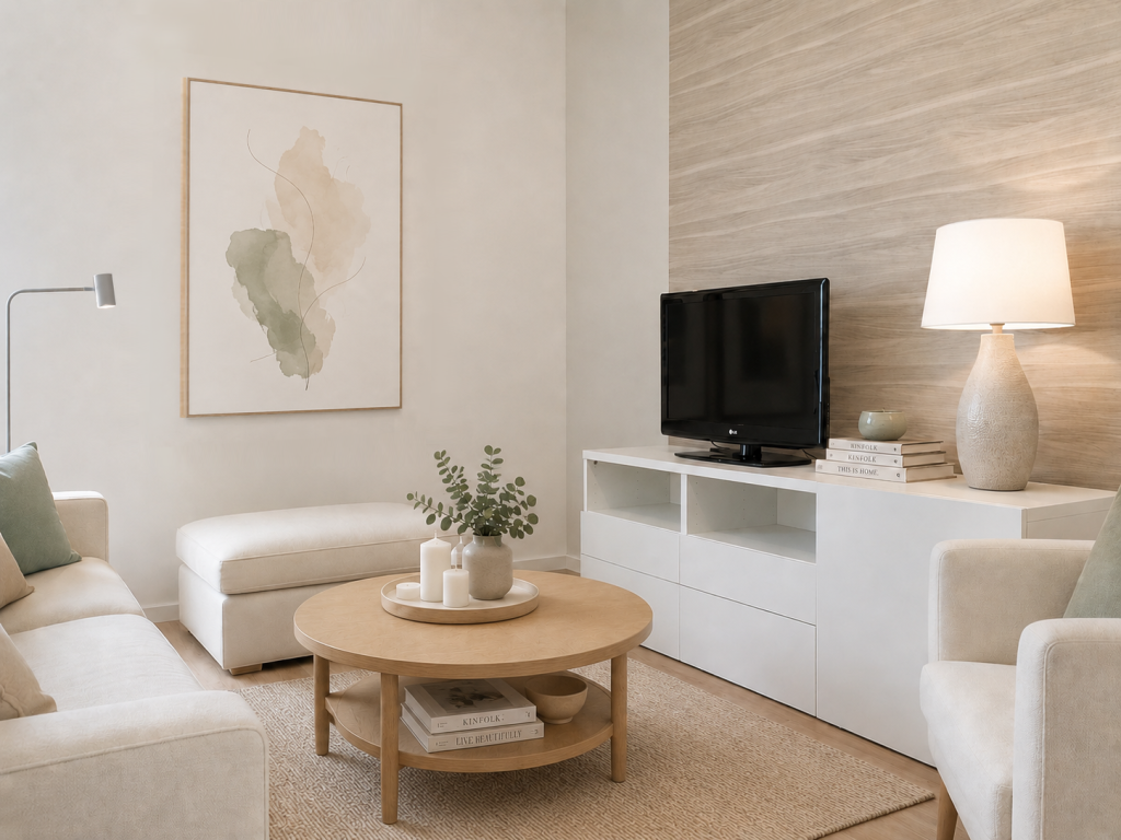 Salón en tonos blancos y beige con mesa de centro de madera, mueble de televisión y pared de acabado cálido