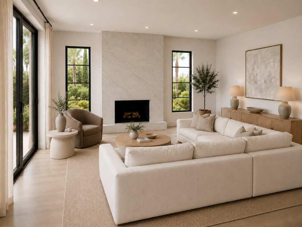 Salón luminoso con sofá rinconera blanco, chimenea central de mármol claro, ventanas negras y mobiliario de madera