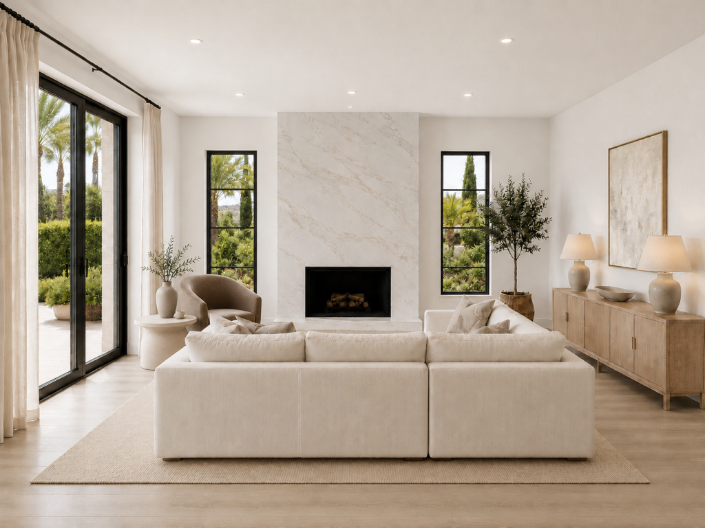 Vista frontal de salón mediterráneo con gran sofá blanco, chimenea de mármol, ventanales verticales y alfombra beige
