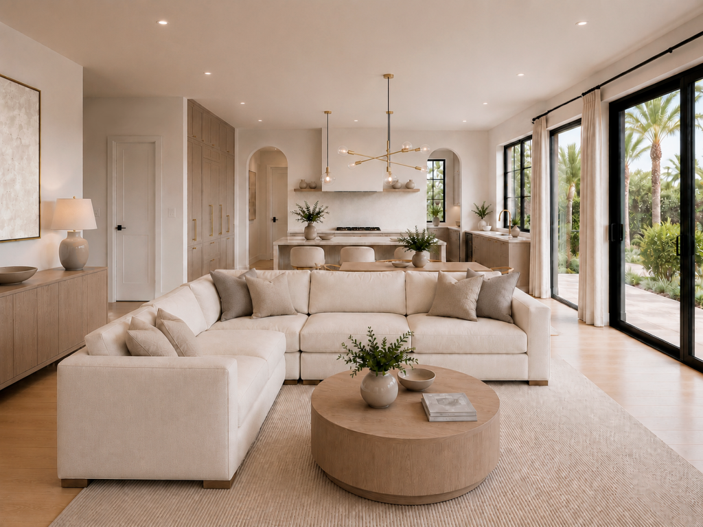 Espacio abierto con salón, comedor y cocina conectados, sofá rinconera, mesa de madera y grandes puertas al jardín
