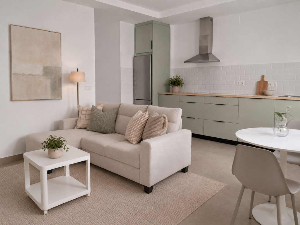 Salón con cocina abierta en un proyecto de interiorismo para una vivienda de obra nueva