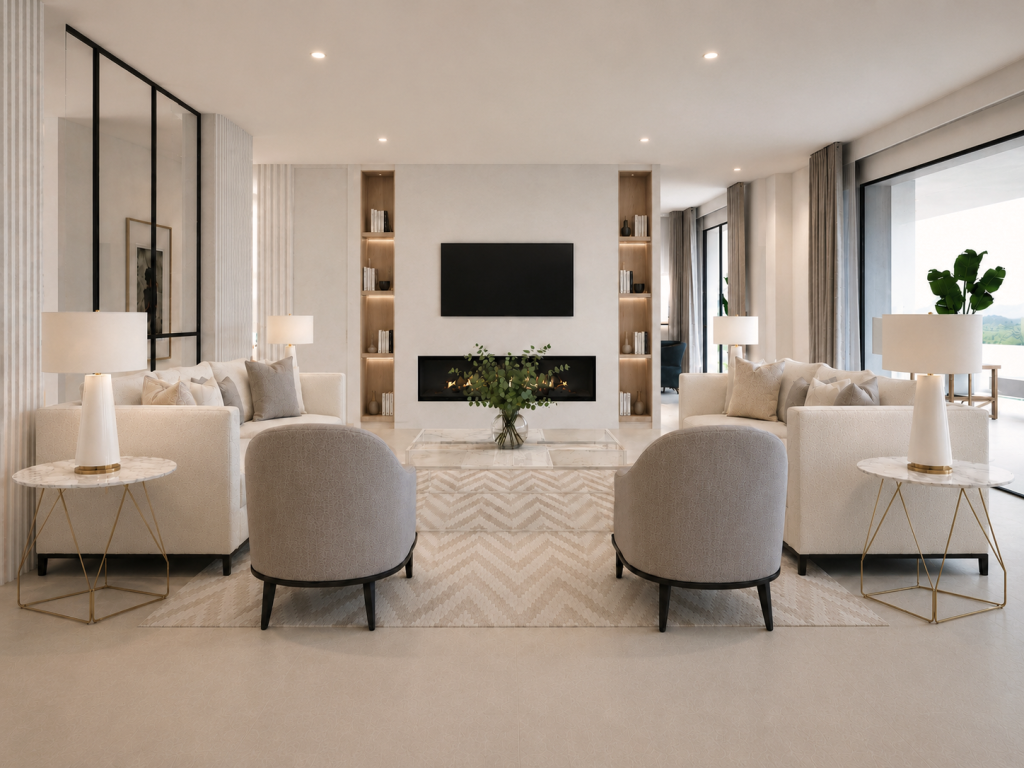 Salón simétrico con dos sofás blancos enfrentados, butacas grises, chimenea eléctrica y estanterías iluminadas.