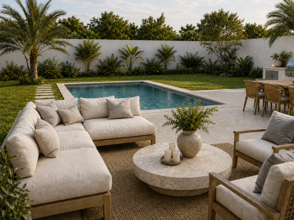 Garden Design with Swimming Pool, Timber Pergola and Outdoor Dining Area
