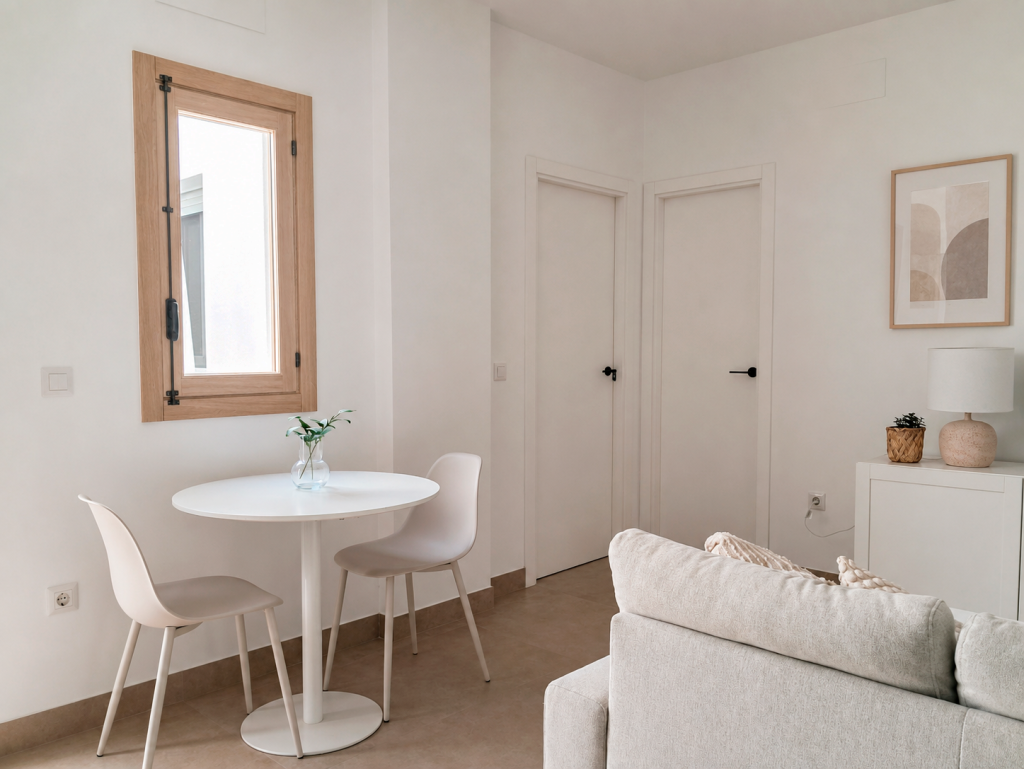 Comedor integrado en el salón de un apartamento, con mesa redonda blanca y decoración en tonos neutros.