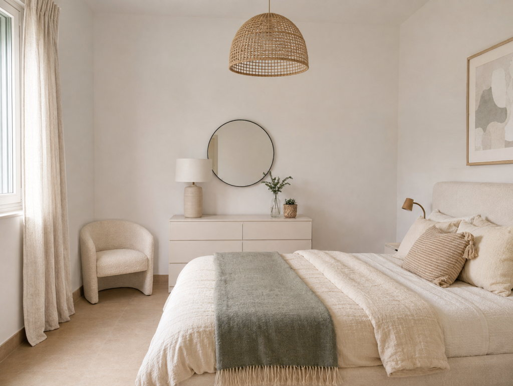 Dormitorio de vivienda de obra nueva con interiorismo en tonos neutros y fibras naturales