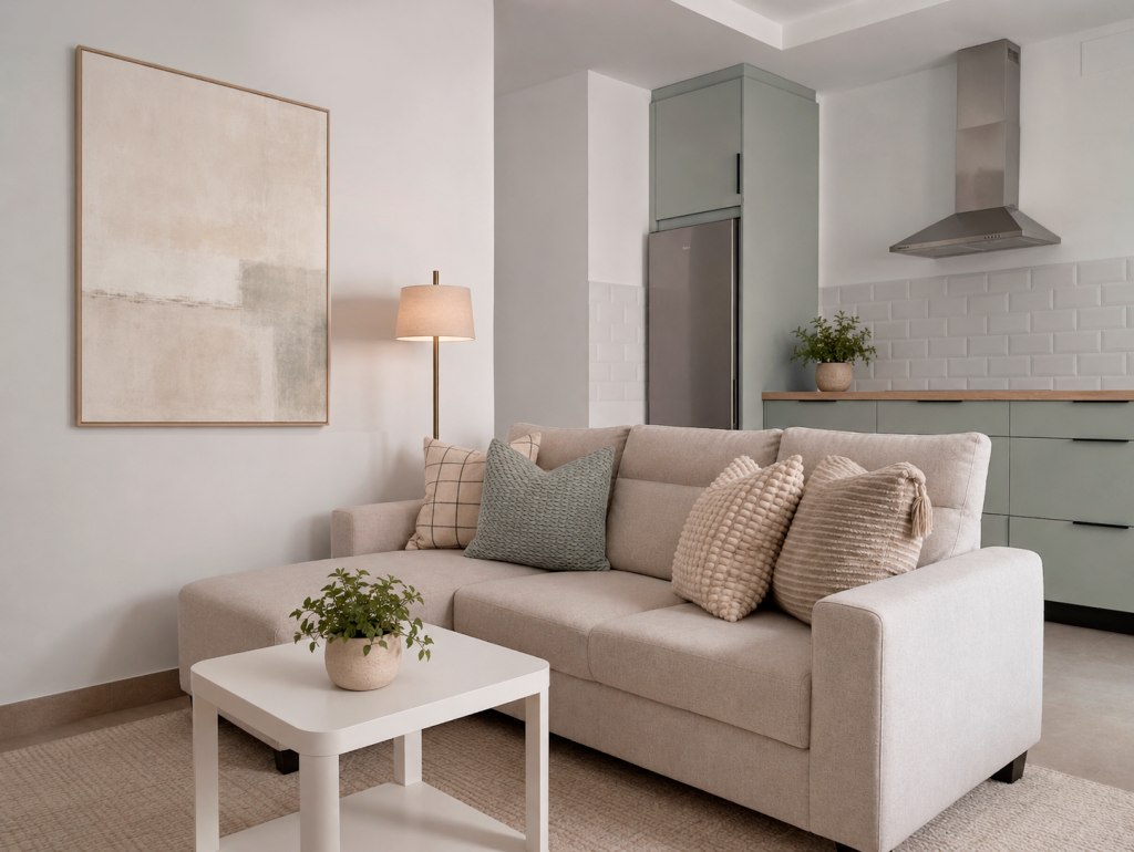 Salón de apartamento con sofá beige, cocina abierta verde suave y decoración en tonos naturales.