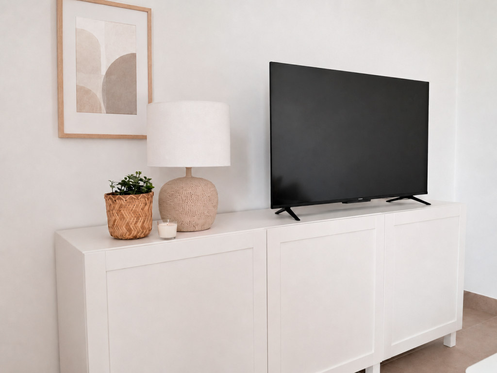 Mueble de televisión blanco con lámpara de cerámica, planta y lámina abstracta en tonos neutros.