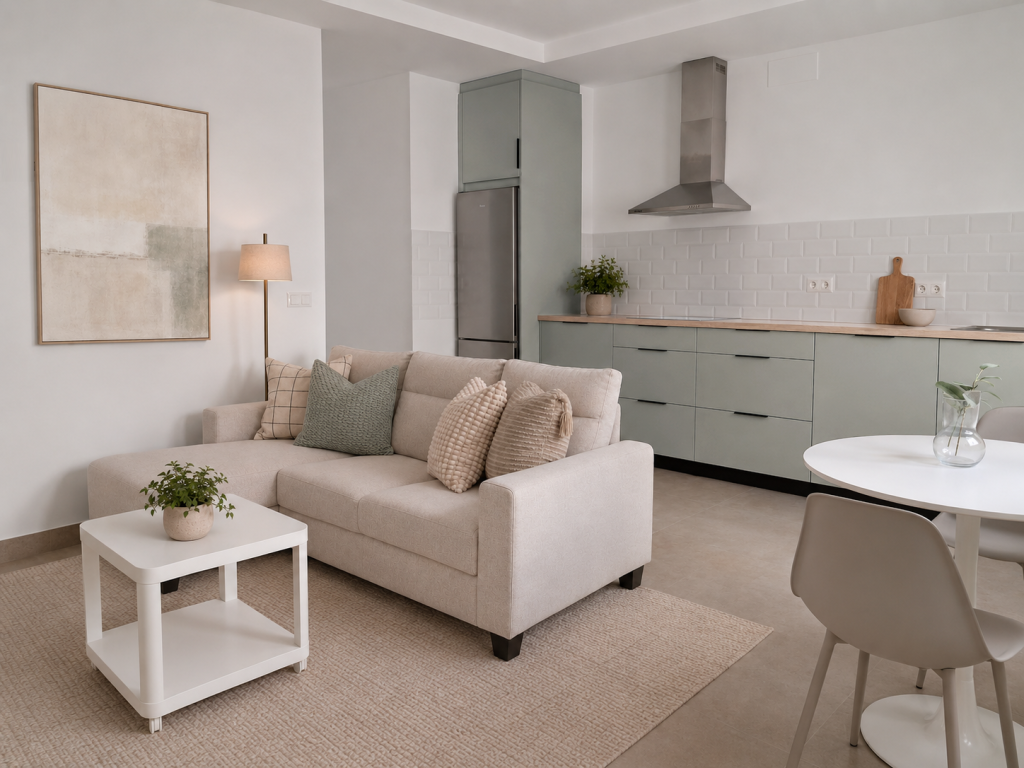 Living room with an open-plan kitchen in an interior design project for a new-build home